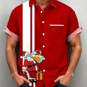 NEW! Shirts for Men Print Short Sleeve Regular Fit Christmas Santa Beer Mug Gift